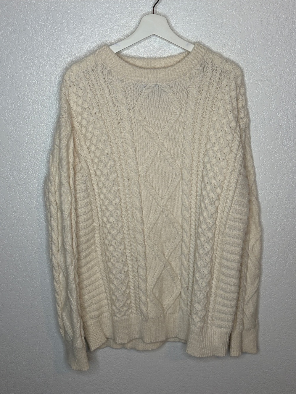Aelfric Eden Off White Cable Knit Fisherman Crew Sweater Size Large Classic